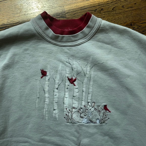 Embroidered Taupe Gray Sweatshirt with Rabbit Cardinal and Trees Design - Picture 4 of 6